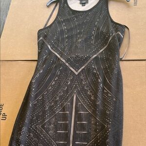 H&M Black Geometric Sheer-Panel Midi Dress